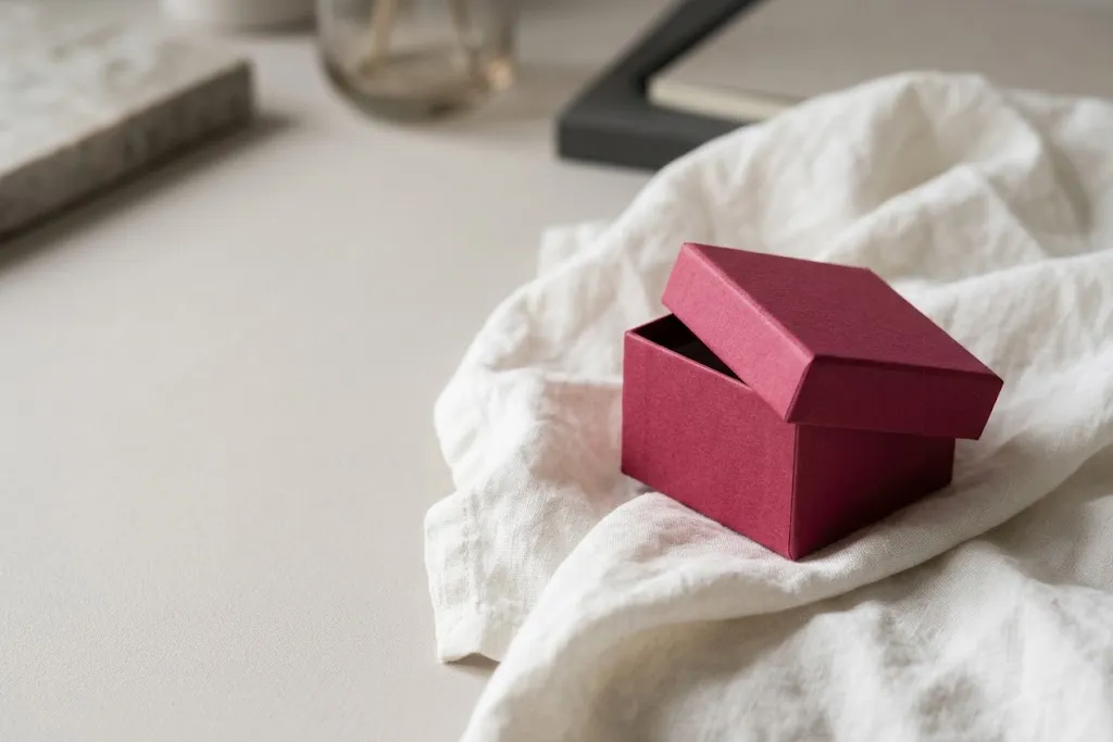 En liten rosa presentask med locket på glänt på ett vitt linnetyg.