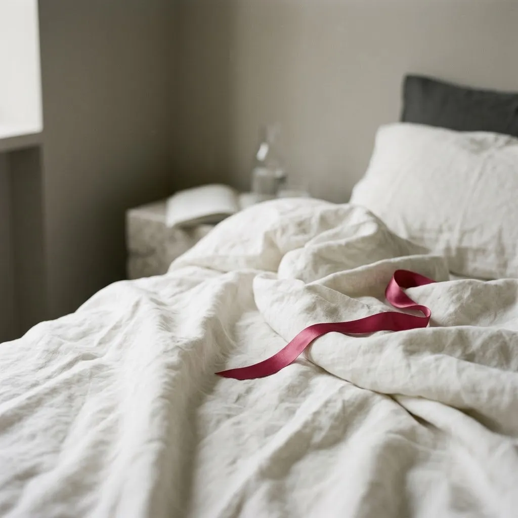 Skrynkliga vita linnelakan i morgonljus med ett rosa sidenband.
