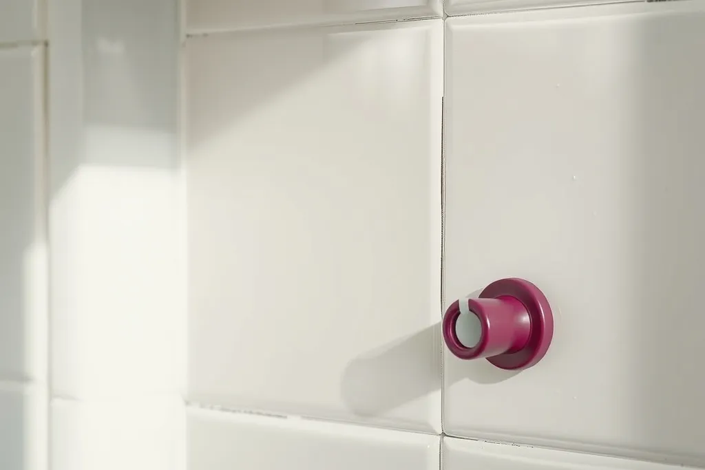 Blanka vita kakelplattor med en rosa sugkopp.