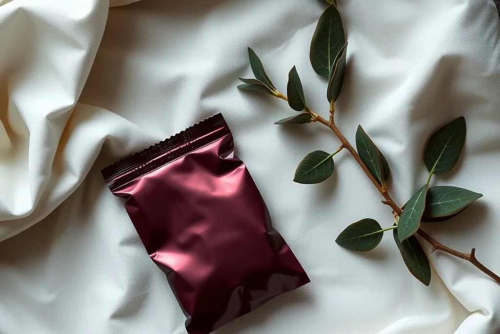 Ett litet rosa folieknyte bredvid en eukalyptuskvist på vitt linne.