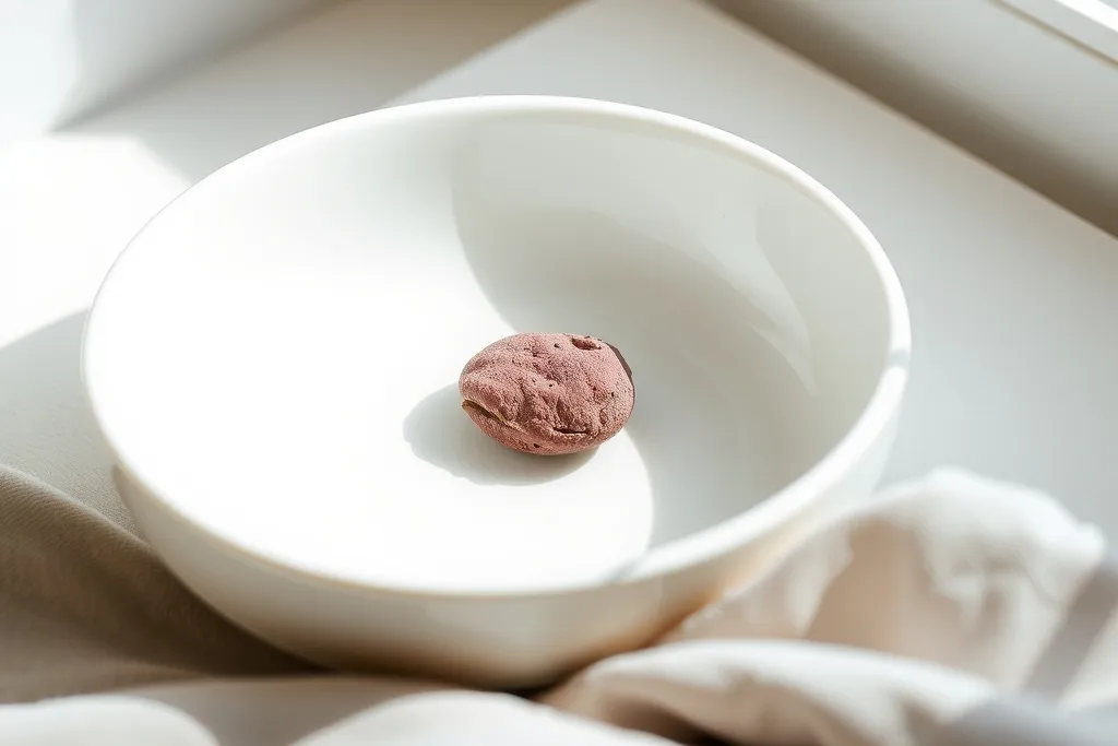 En rosa sten stor som en valnöt i en grund vit keramikskål.
