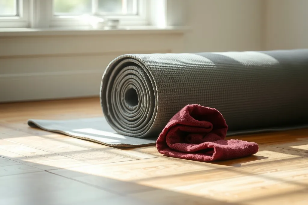 En hoprullad grå yogamatta på ett trägolv med en liten rosa handduk.