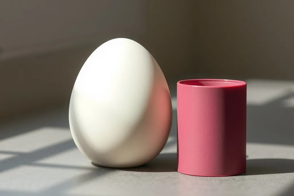 Ett mjukt vitt äggformat föremål bredvid en rosa cylinder på en mörkgrå yta.