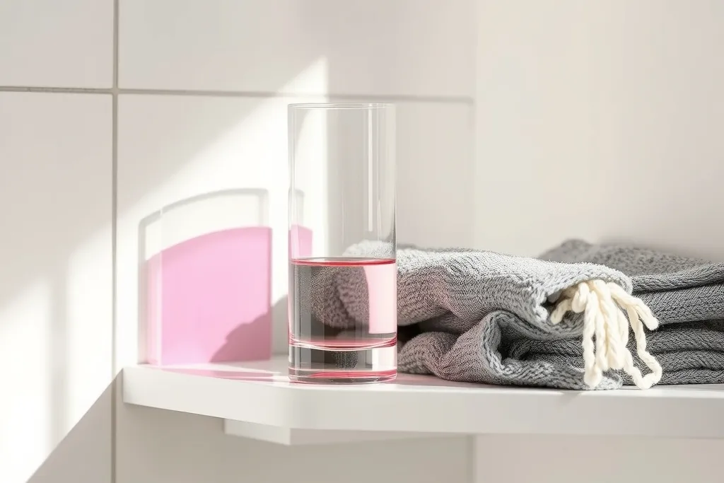 Ett klart glas på en vit hylla bredvid en vikt grå handduk.