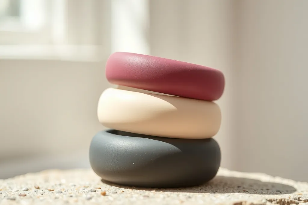 Tre släta ringar i rosa, beige och grått staplade på en stenyta.