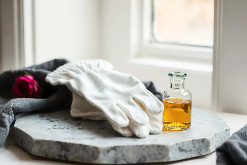 Ett par vita bomullshandskar och en liten glasflaska med olja på en grå stenbricka.