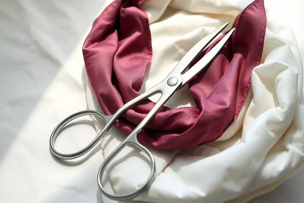 En sax med runda handtag på en hoprullad rosa sidenscarf på vitt linne.