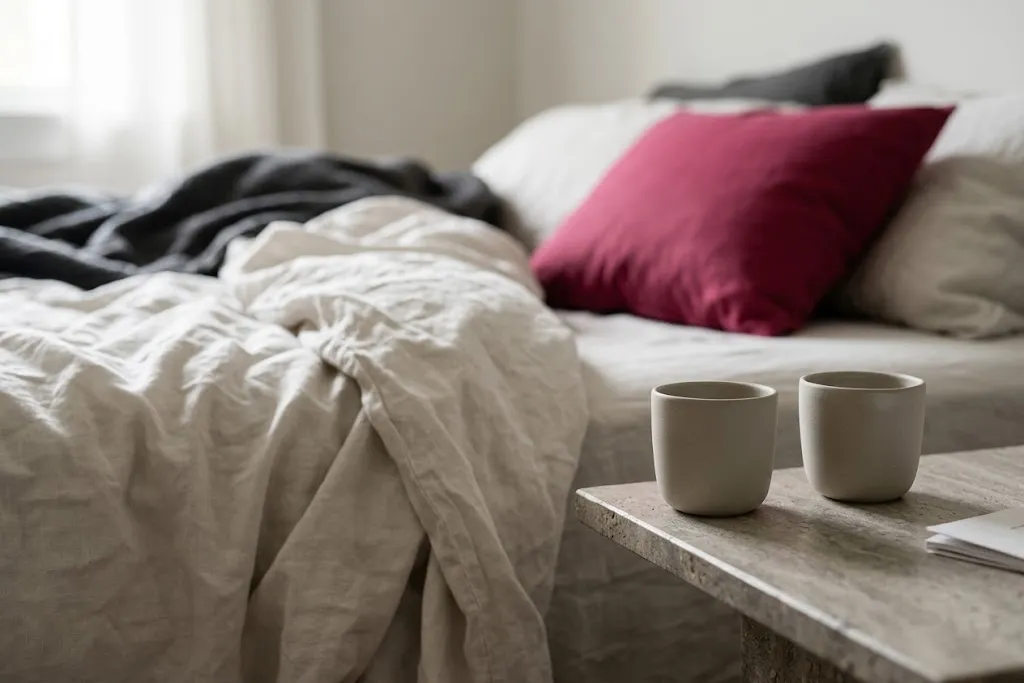 Två kaffekoppar på ett nattduksbord bredvid en obäddad säng med en rosa kudde.