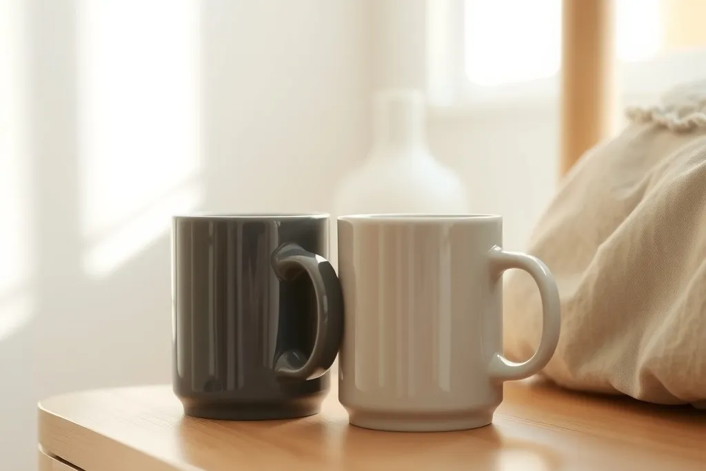 Två kaffemuggar, en mörkgrå och en ljusgrå, tätt ihop på ett nattduksbord i trä.